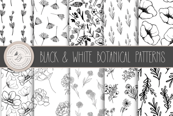Black White Seamless Floral Set for Design Projects